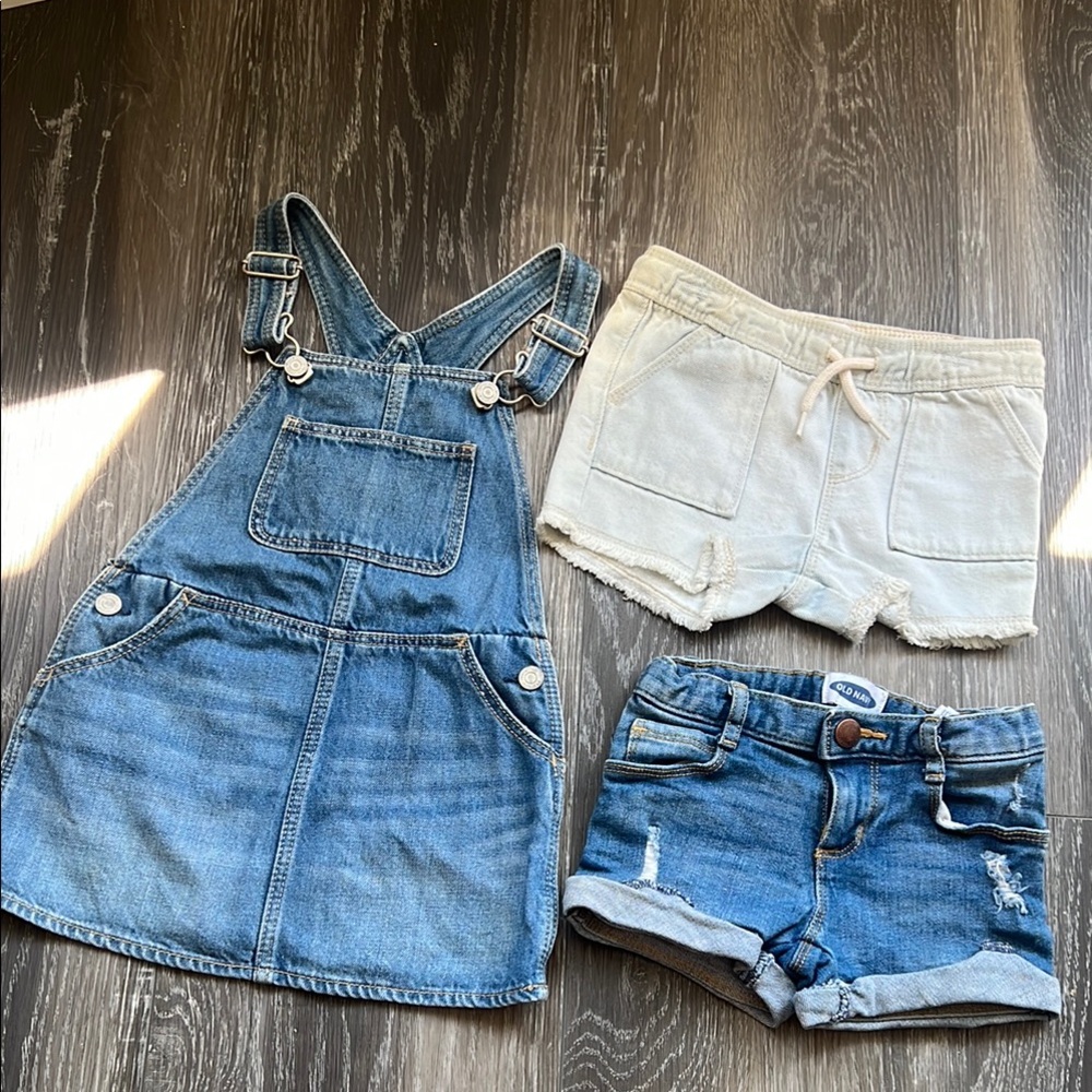 3/ BUNDLE Old Navy Blue and White Overalls Classic & Jean shorts